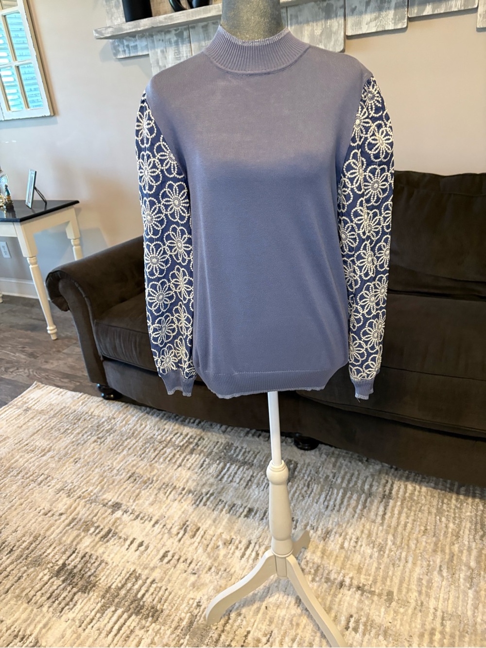 Lovely Melody Lavender Mock Neck Sweater with White Floral Sleeves